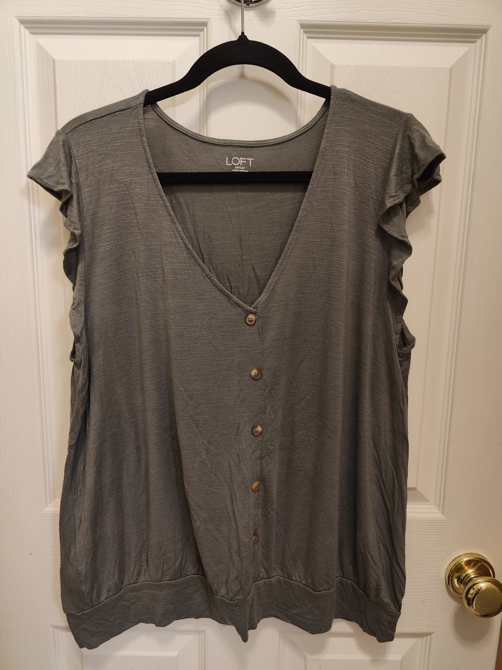 LOFT Olive Green V-Neck Button Front Ruffle Sleeve Top